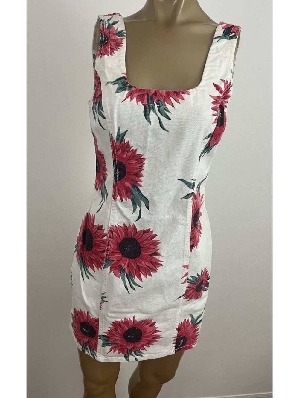 Vintage Bongo Women's 9 Poppy Dress Mini White Twill Scoop Back Retro Floral